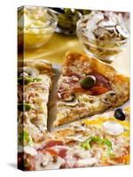 Pizza with a Slice Cut and Pizza Ingredients-null-Stretched Canvas