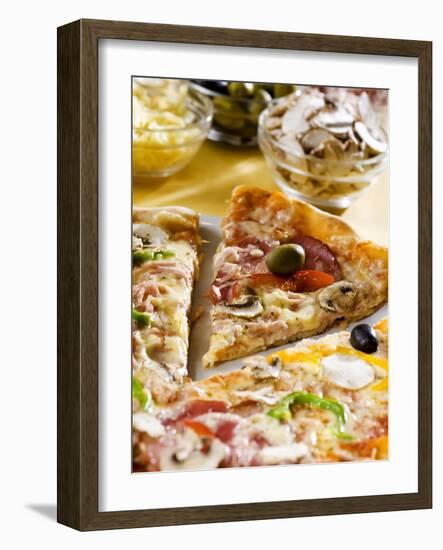 Pizza with a Slice Cut and Pizza Ingredients-null-Framed Photographic Print