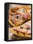 Pizza with Salami, Cheese and Olives, Pieces Cut-null-Framed Stretched Canvas