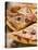 Pizza with Salami, Cheese and Olives, Pieces Cut-null-Stretched Canvas