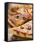 Pizza with Salami, Cheese and Olives, Pieces Cut-null-Framed Stretched Canvas