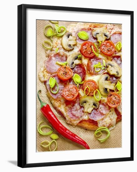 Pizza with Salami, Mushrooms, Tomatoes, Leek, Mozzarella and Chillis-Ira Leoni-Framed Photographic Print