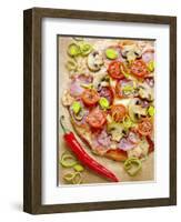 Pizza with Salami, Mushrooms, Tomatoes, Leek, Mozzarella and Chillis-Ira Leoni-Framed Photographic Print