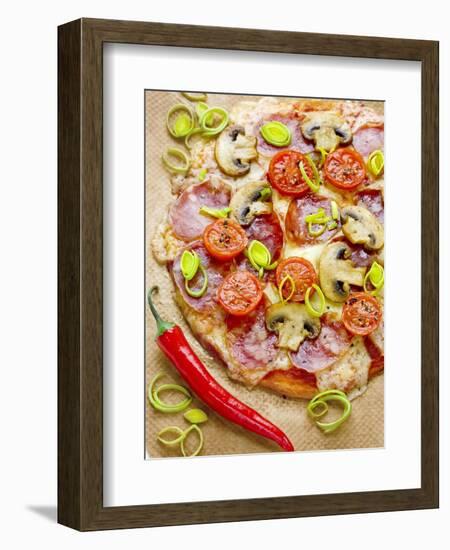 Pizza with Salami, Mushrooms, Tomatoes, Leek, Mozzarella and Chillis-Ira Leoni-Framed Photographic Print