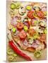 Pizza with Salami, Mushrooms, Tomatoes, Leek, Mozzarella and Chillis-Ira Leoni-Mounted Photographic Print