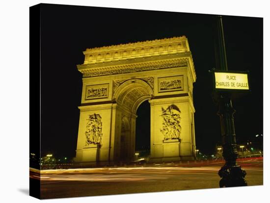 Place Charles De Gaulle Street Sign and the Arc De Triomphe Illuminated at Night, Paris, France-Rainford Roy-Stretched Canvas