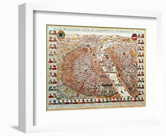 Plan of Paris, 1698, Bordered by a Chronological Series of Portraits of the Kings of France-null-Framed Giclee Print