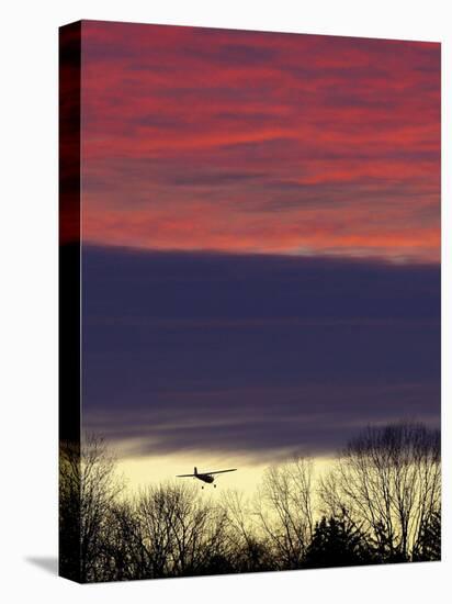 Plane is Seen over the Tree Tops While on its Approach for Landing, a Little Past Sun Down-null-Stretched Canvas