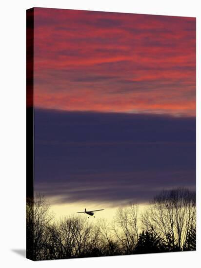 Plane is Seen over the Tree Tops While on its Approach for Landing, a Little Past Sun Down-null-Stretched Canvas