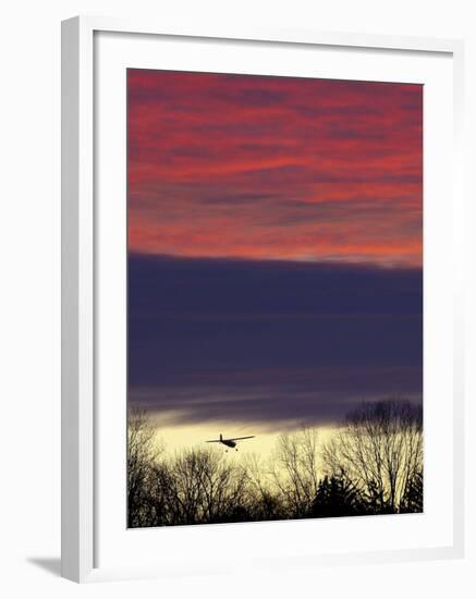 Plane is Seen over the Tree Tops While on its Approach for Landing, a Little Past Sun Down-null-Framed Photographic Print