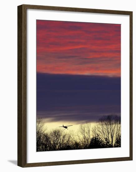 Plane is Seen over the Tree Tops While on its Approach for Landing, a Little Past Sun Down-null-Framed Photographic Print