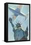 Plane over Statue of Liberty-null-Framed Stretched Canvas