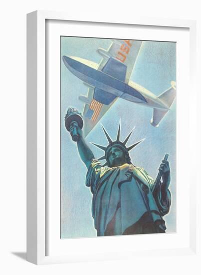Plane over Statue of Liberty-null-Framed Art Print