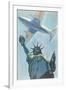 Plane over Statue of Liberty-null-Framed Art Print