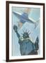 Plane over Statue of Liberty-null-Framed Art Print