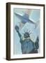 Plane over Statue of Liberty-null-Framed Premium Giclee Print