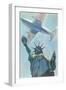 Plane over Statue of Liberty-null-Framed Premium Giclee Print