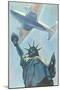 Plane over Statue of Liberty-null-Mounted Premium Giclee Print