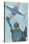 Plane over Statue of Liberty-null-Stretched Canvas