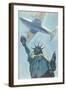 Plane over Statue of Liberty-null-Framed Art Print