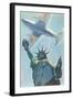 Plane over Statue of Liberty-null-Framed Art Print