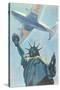 Plane over Statue of Liberty-null-Stretched Canvas