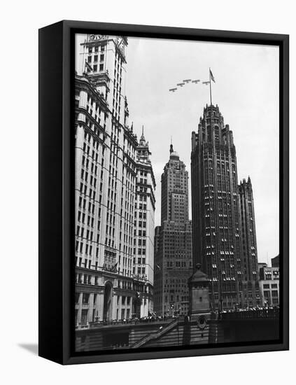 Planes Fly over Buildings in Chicago-null-Framed Stretched Canvas