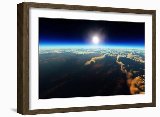 Planet Earth Sunrise over Cloudy Ocean from Outer Space (3D Artwork)-Johan Swanepoel-Framed Art Print