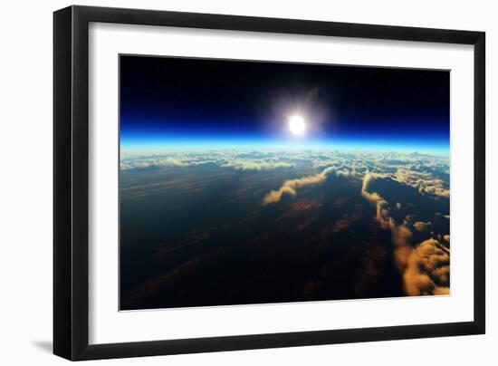 Planet Earth Sunrise over Cloudy Ocean from Outer Space (3D Artwork)-Johan Swanepoel-Framed Art Print