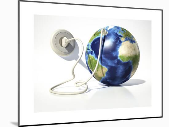 Planet Earth with Electric Cable, Plug and Socket-null-Mounted Art Print