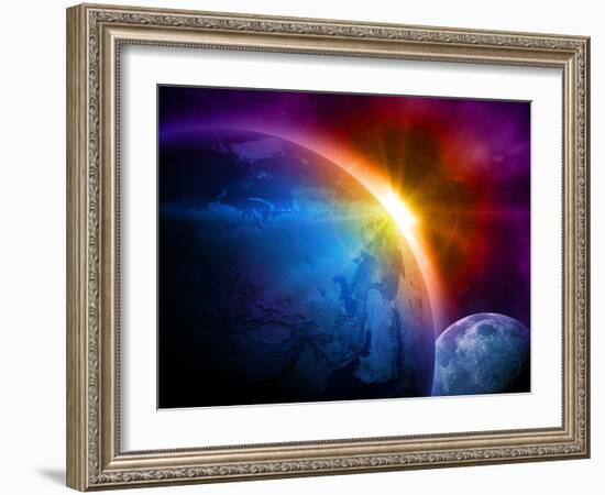 Planet Earth With Sunrise In Space-alanuster-Framed Art Print