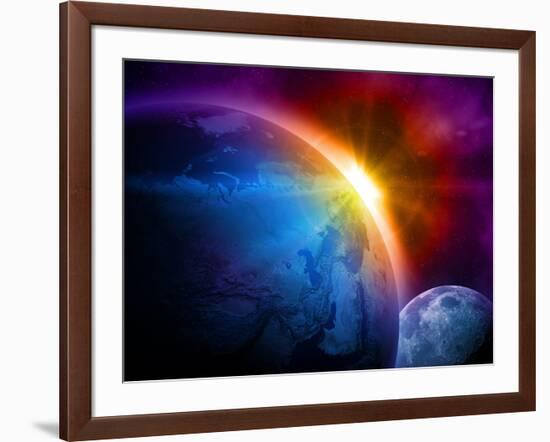 Planet Earth With Sunrise In Space-alanuster-Framed Art Print