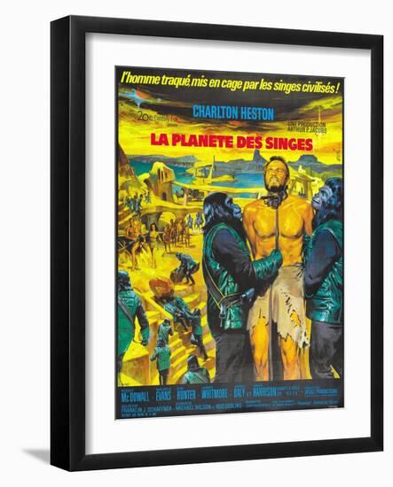 Planet of the Apes, (French Poster Art), Charlton Heston, 1968-null-Framed Art Print