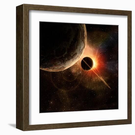 Planet with Rings at Sunrise on the Background of the Cosmos-molodec-Framed Art Print