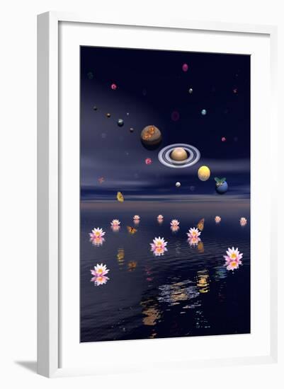 Planets of the Solar System Surrounded by Lotus Flowers and Butterflies-null-Framed Art Print