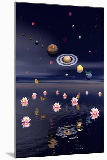 Planets of the Solar System Surrounded by Lotus Flowers and Butterflies-null-Mounted Art Print