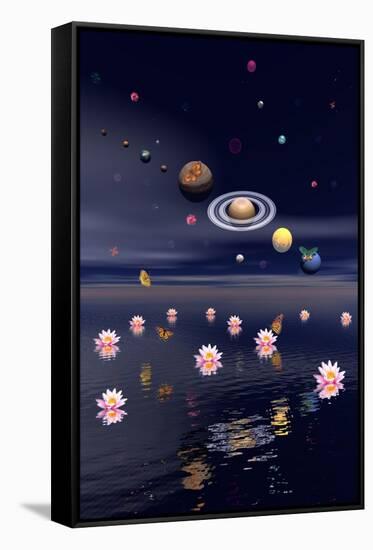 Planets of the Solar System Surrounded by Lotus Flowers and Butterflies-null-Framed Stretched Canvas