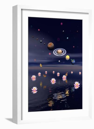 Planets of the Solar System Surrounded by Lotus Flowers and Butterflies-null-Framed Art Print