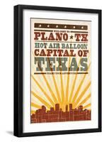 Plano, Texas - Skyline and Sunburst Screenprint Style-Lantern Press-Framed Art Print