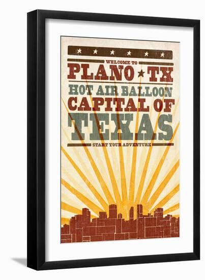 Plano, Texas - Skyline and Sunburst Screenprint Style-Lantern Press-Framed Art Print