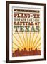 Plano, Texas - Skyline and Sunburst Screenprint Style-Lantern Press-Framed Art Print