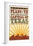 Plano, Texas - Skyline and Sunburst Screenprint Style-Lantern Press-Framed Art Print