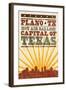 Plano, Texas - Skyline and Sunburst Screenprint Style-Lantern Press-Framed Art Print