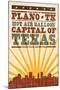 Plano, Texas - Skyline and Sunburst Screenprint Style-Lantern Press-Mounted Art Print