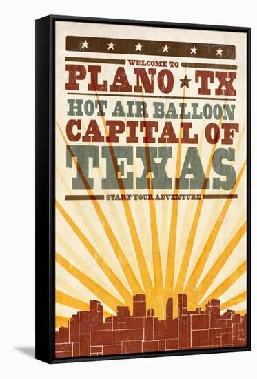 Plano, Texas - Skyline and Sunburst Screenprint Style-Lantern Press-Framed Stretched Canvas