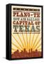 Plano, Texas - Skyline and Sunburst Screenprint Style-Lantern Press-Framed Stretched Canvas