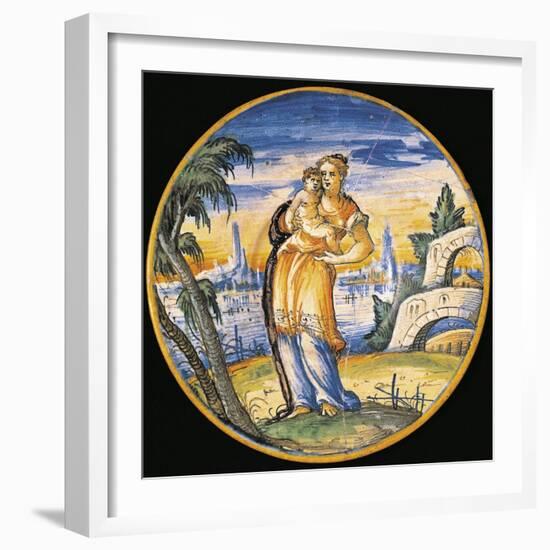 Plate Decorated with Madonna and Child and City in Background-null-Framed Giclee Print