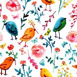 A Seamless Background Pattern with Quirky Watercolor Birds, Butterflies, and Abstract Florals, Hand-Plateresca-Art Print