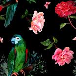 A Seamless Pattern with Watercolor Drawings of a Vibrant Green Parrot, Blooming Red and Pink Roses-Plateresca-Art Print