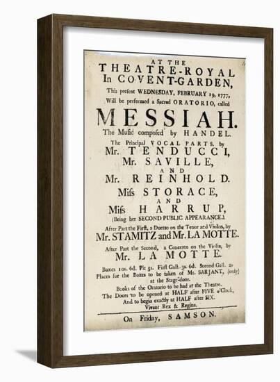 Playbill Advertising a Performance of Handel's Oratorio, 'Messiah' in 1777-null-Framed Giclee Print